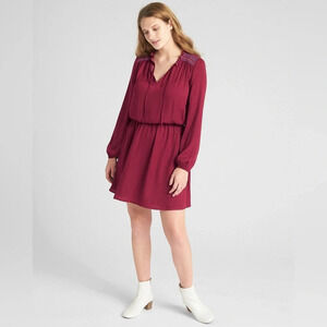 Gap Wine Red Open Neck Long Sleeve Embroidered Smock Swing Dress Size Large